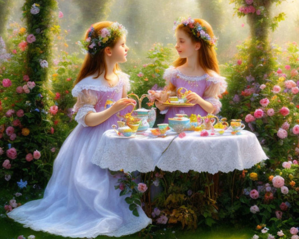 Two girls in white dresses with flower crowns having a tea party in a lush garden.