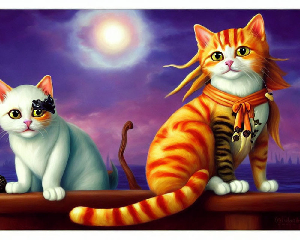 Illustrated cats on railing at twilight: white cat curious, orange cat with scarf holding kitten