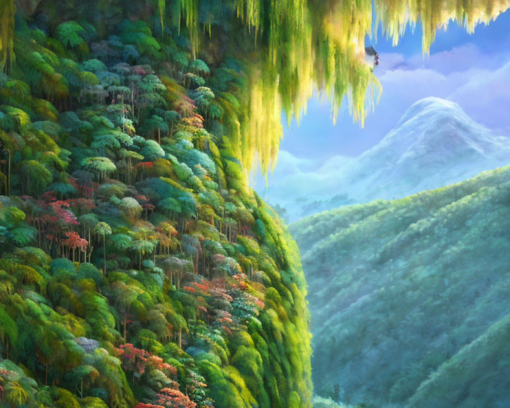 Lush Foliage-Covered Cliffs Overlooking River Valley and Misty Mountains