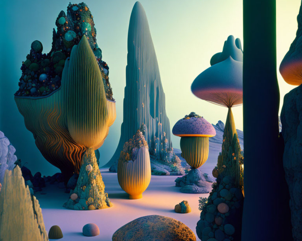 Surreal Landscape with Mushroom-like Structures in Twilight