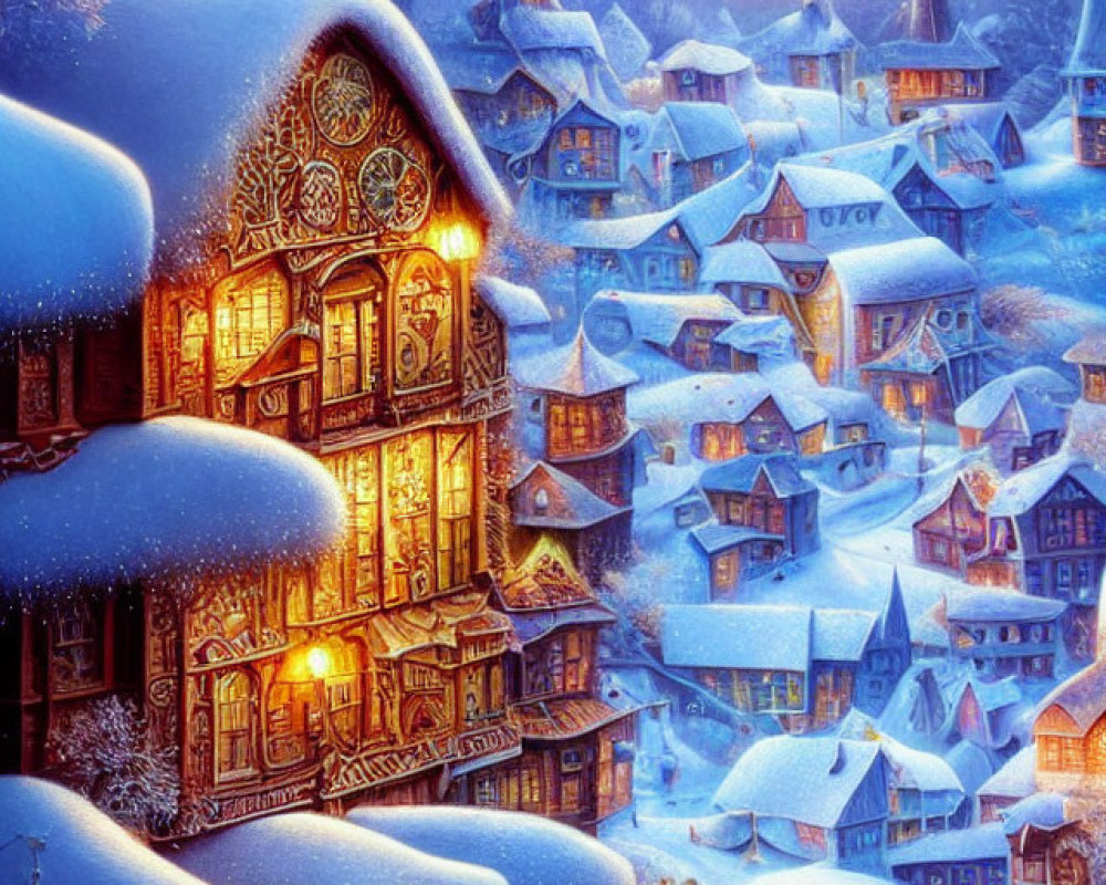 Snow-covered houses under full moon in winter village scene