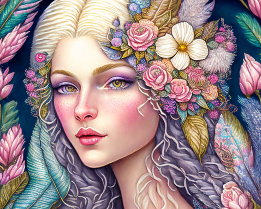 Illustrated portrait of pale-skinned woman with floral motifs, feather details, white hair, vibrant makeup