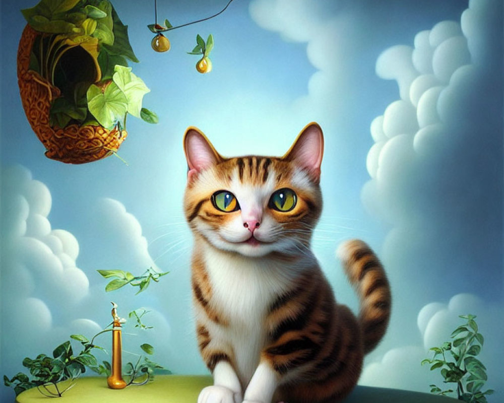 Whimsical cat painting with expressive eyes on green pedestal among clouds