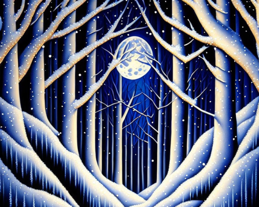 Snowy forest painting with full moon and heart-shaped branches