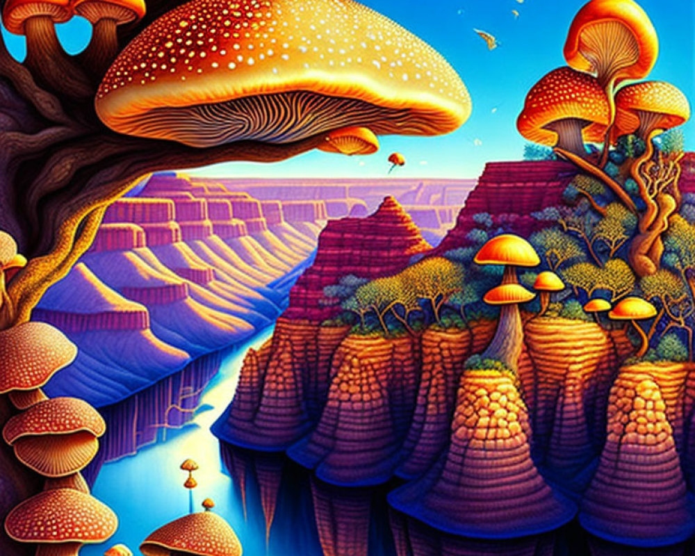 Colorful Imaginary Landscape with Mushroom Trees, Orange Canyons, Blue River, Birds, Purple