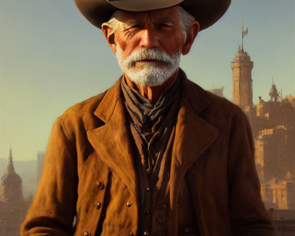 Elderly man in cowboy attire with cityscape backdrop