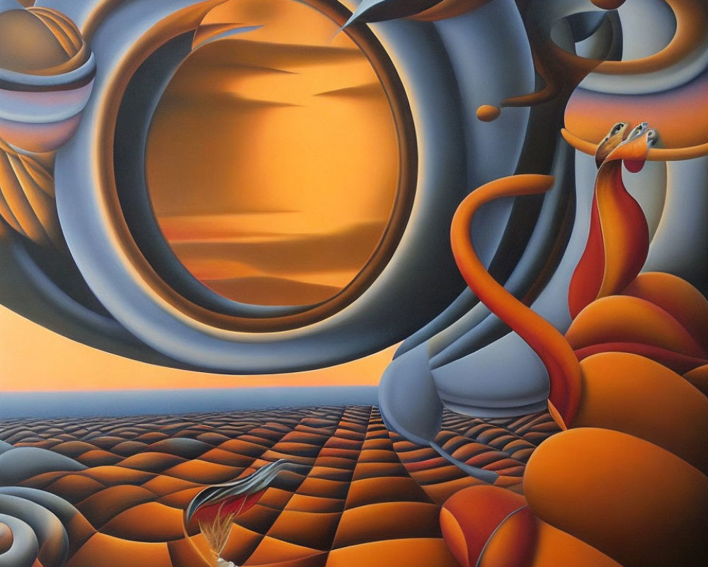 Warm-Hued Surrealistic Painting with Swirling Patterns and Bulbous Shapes