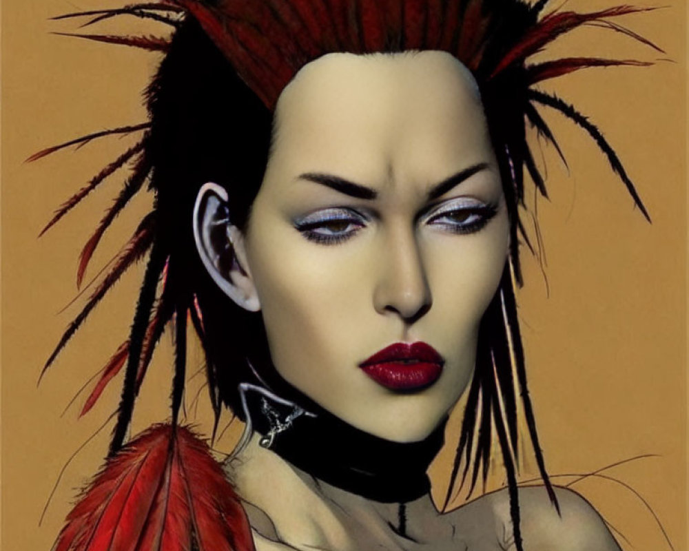 Illustration of woman with punk hairstyle, dramatic makeup, red lips, and feathered accessory