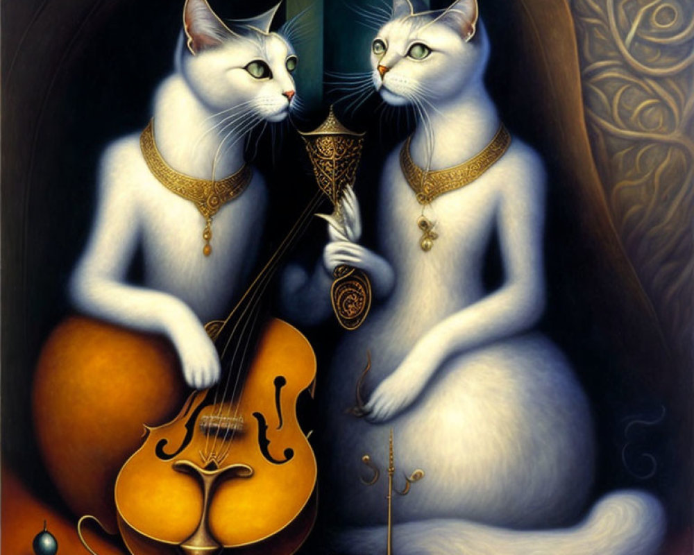 Anthropomorphic white cats in gold necklaces with violin and goblet on ornate background