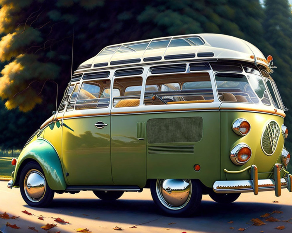 Vintage Green and White Volkswagen Type 2 Bus with Split Windshield in Serene Sunlit Setting