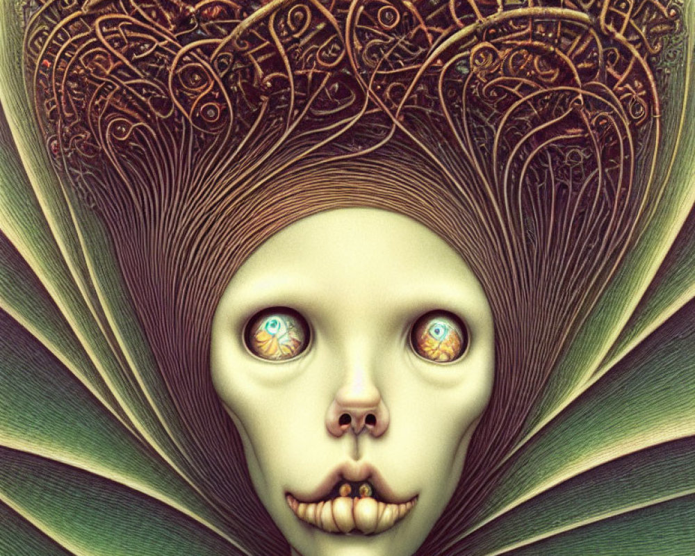 Intriguing surreal portrait with mesmerizing eyes and intricate hair patterns