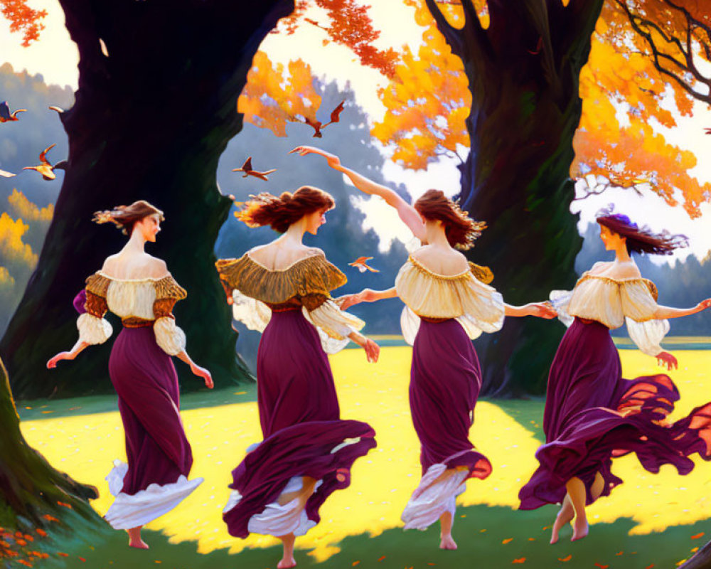 Four women in vintage dresses dancing under autumn trees with fallen leaves and flying birds.