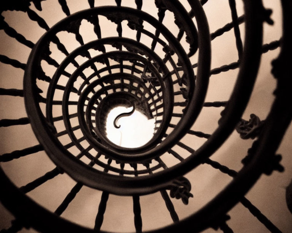 Sepia-Toned Spiral Wrought Iron Staircase Design