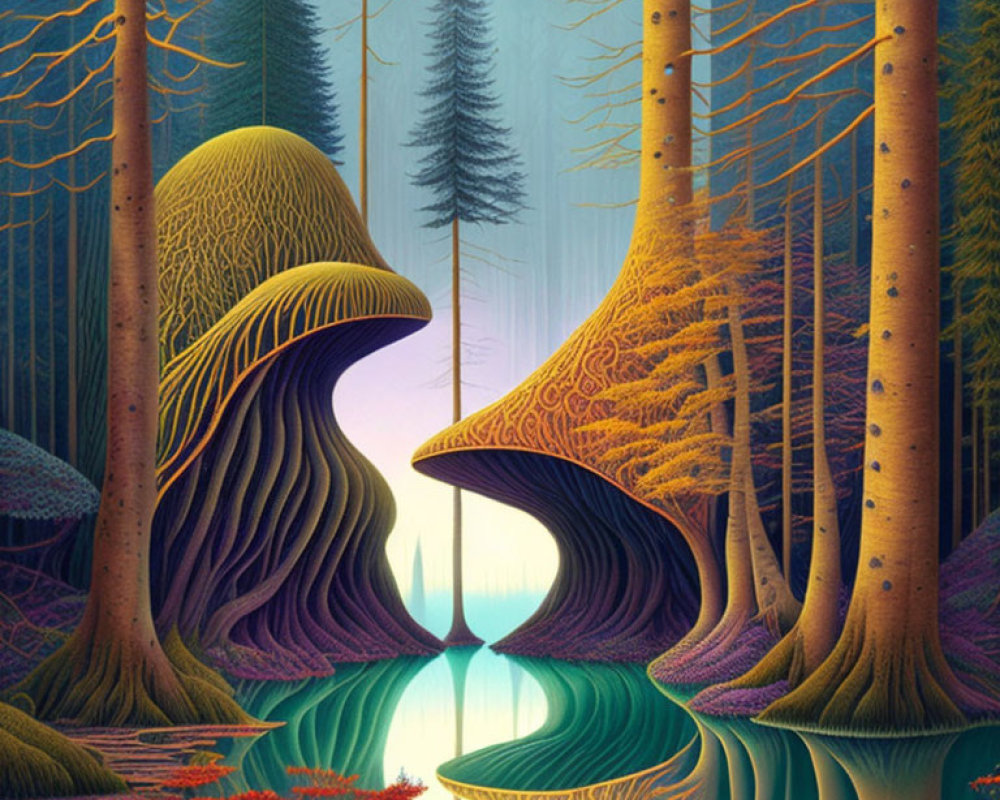 Vibrant forest with twisting arch-shaped trees over serene river