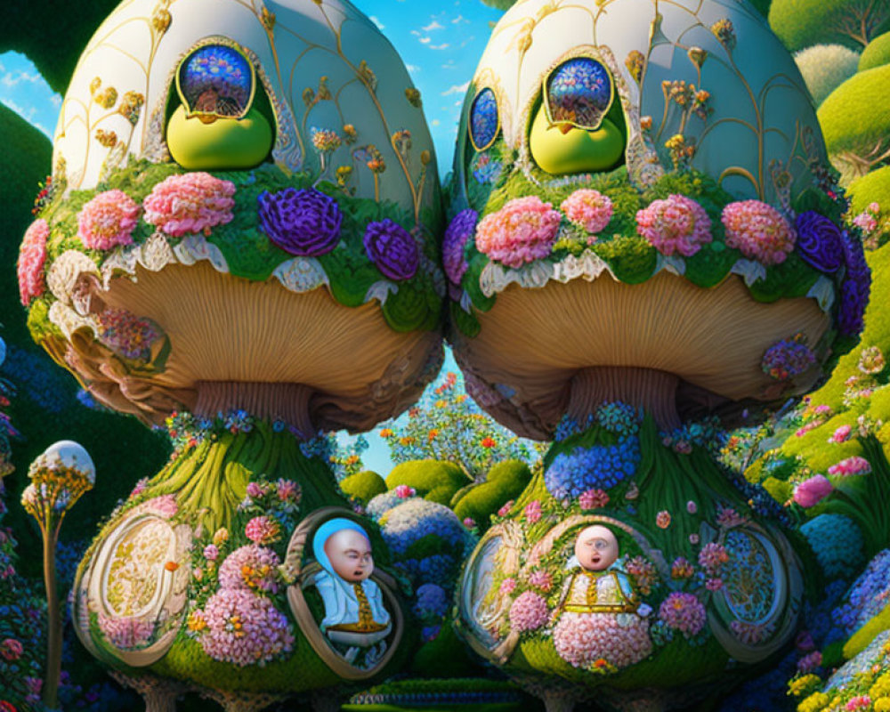 Surreal artwork featuring giant egg-shaped structures with babies inside, surrounded by flowers in a vibrant garden