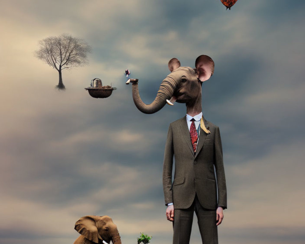 Surreal image of man with elephant head, small elephant, floating objects, serene sky