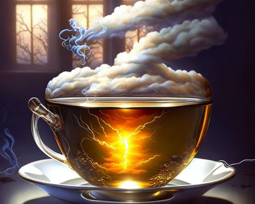 Surreal artwork: Storm in teacup with clouds, lightning, steam, saucer,