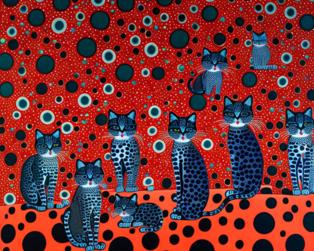 Blue Cats in Abstract Art with Red Background and Dots