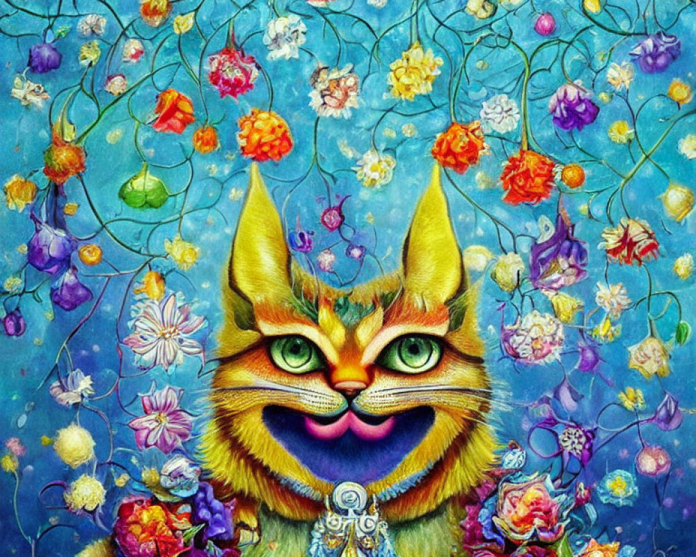 Colorful Whimsical Cat Artwork with Floral Design