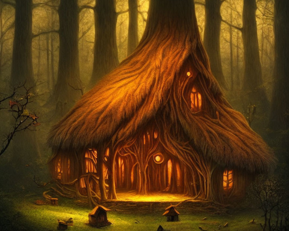 Enchanted forest treehouse with thatched roof and warm glow