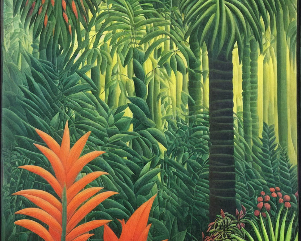 Vibrant tropical jungle painting with lush greenery and orange flowers