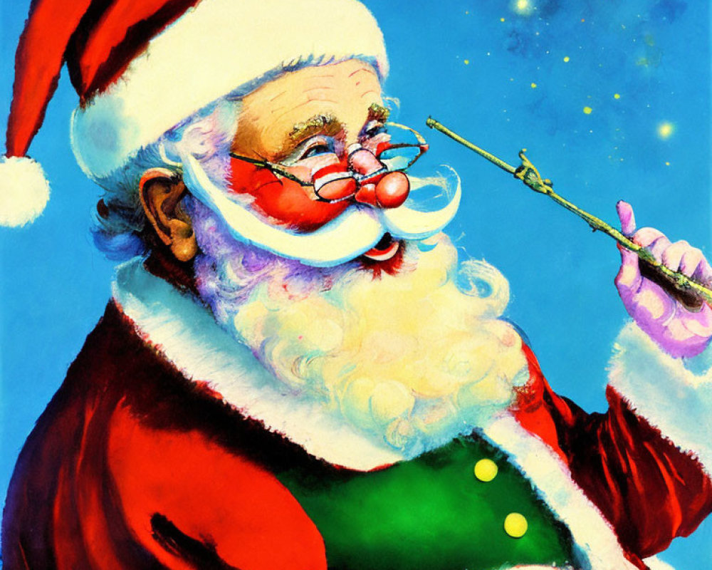 Festive Santa Claus illustration with spectacles on starry backdrop