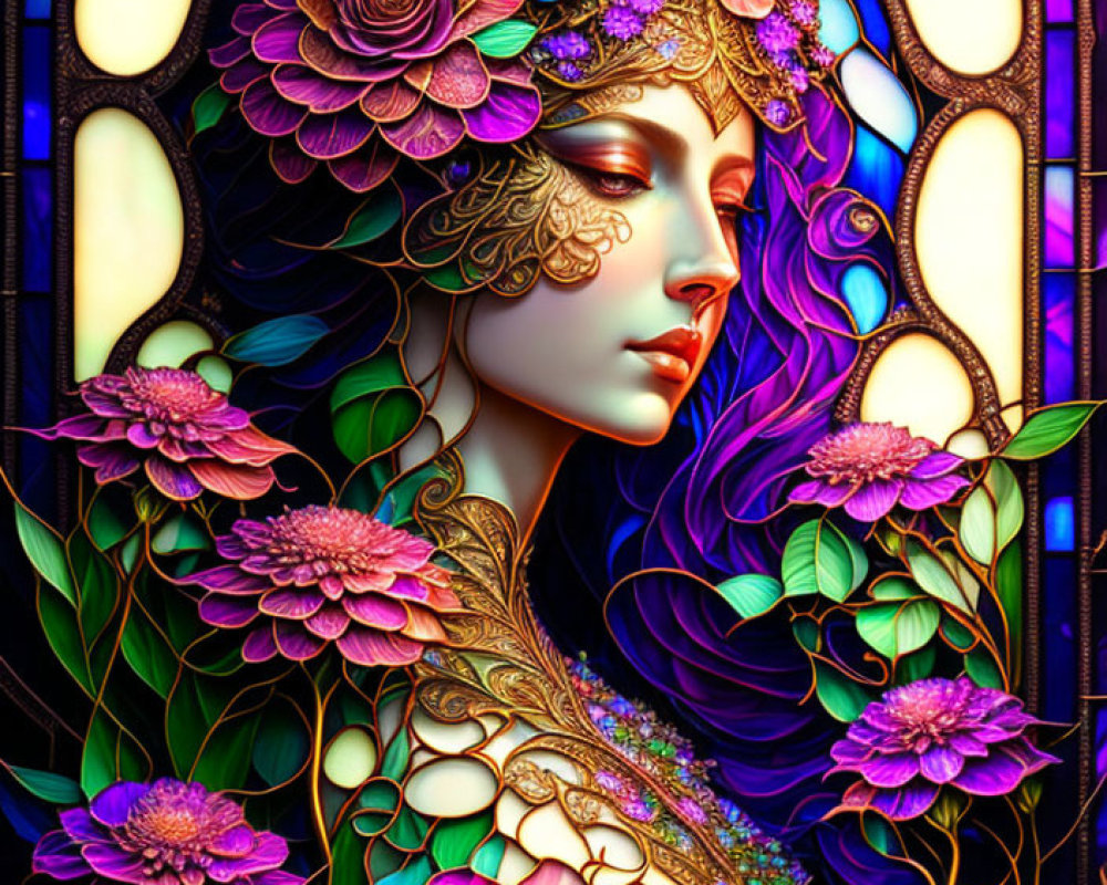 Colorful artwork: Woman with purple hair and golden floral accessories in stained glass setting