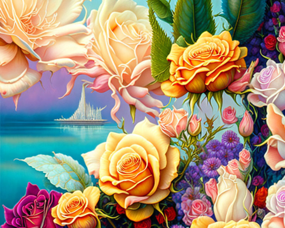 Colorful Rose Artwork with Blue Waters and Sailing Ship