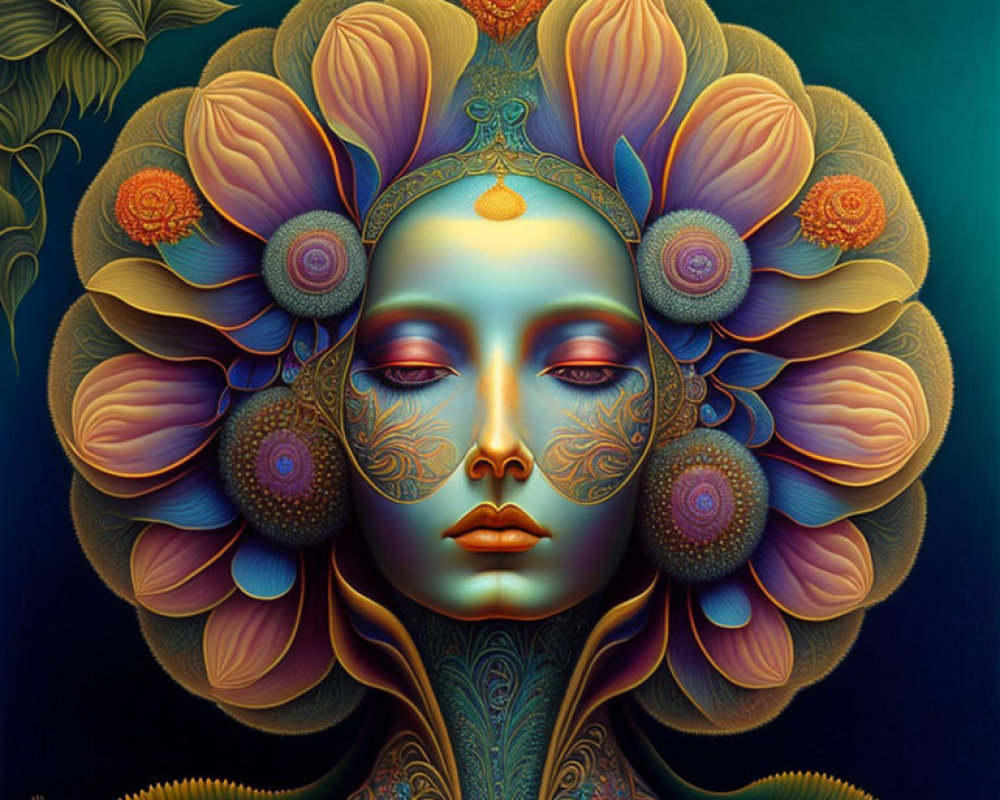 Colorful surreal portrait with intricate designs in blues, golds, and oranges