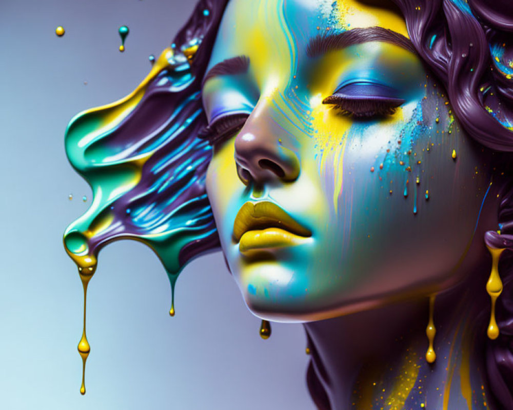 Vibrant 3D artwork of woman's face with flowing purple hair and dripping paint