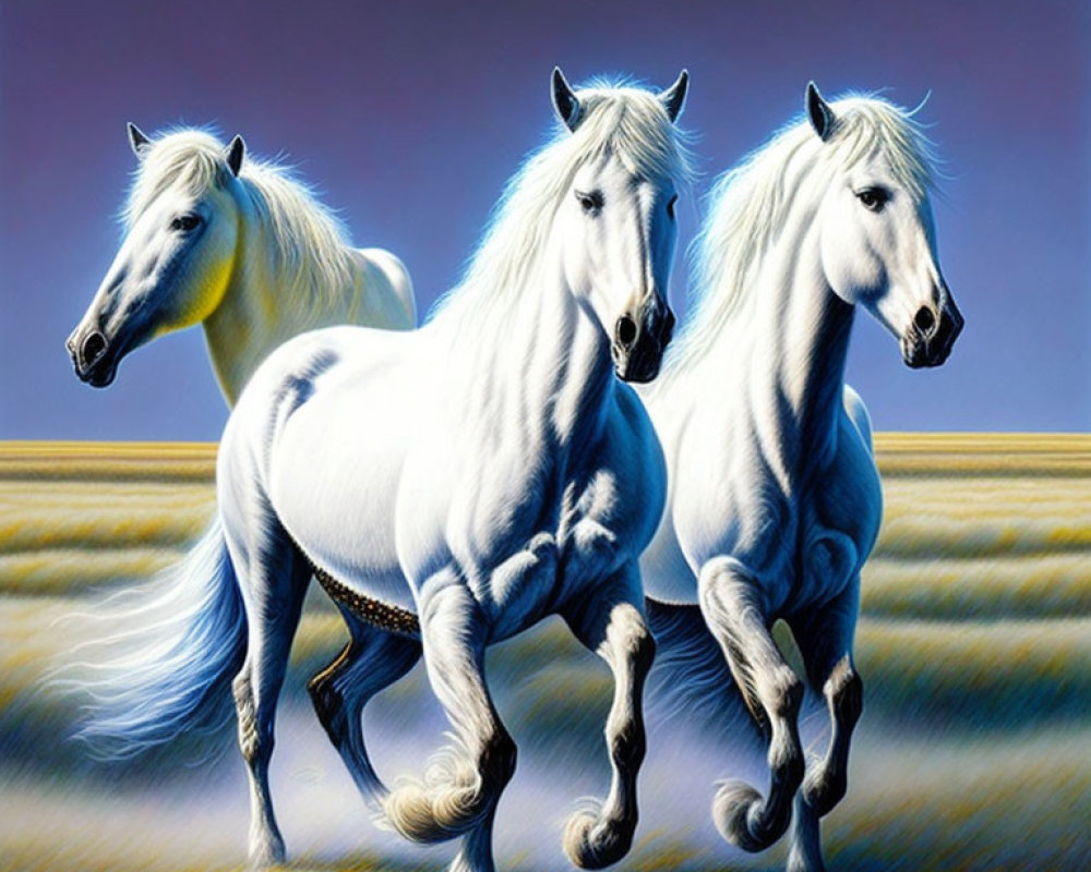 Three White Horses Trotting in Field Under Blue Sky