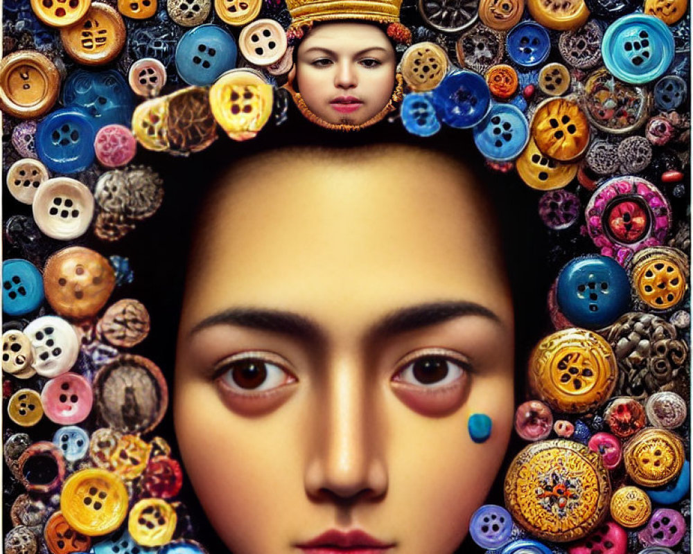 Surreal collage of woman's face with crown in colorful button assortment