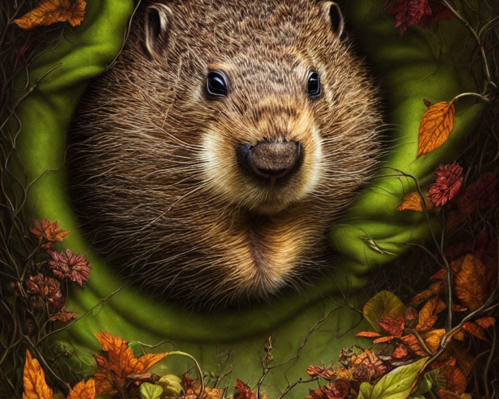 Curious groundhog in lush autumn foliage with detailed fur texture