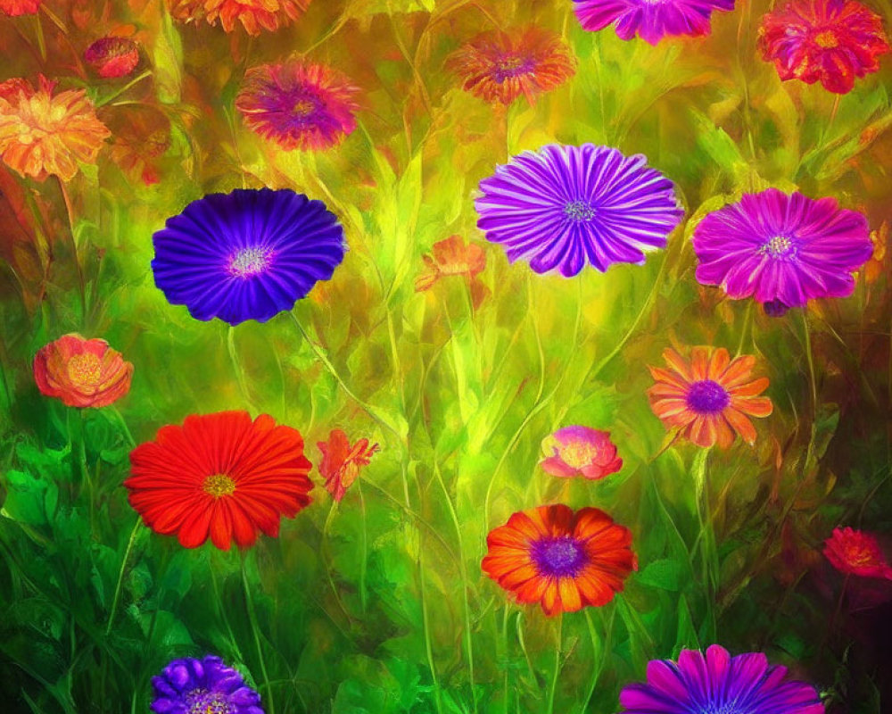 Colorful Garden with Red, Orange, Purple Flowers on Green and Yellow Background