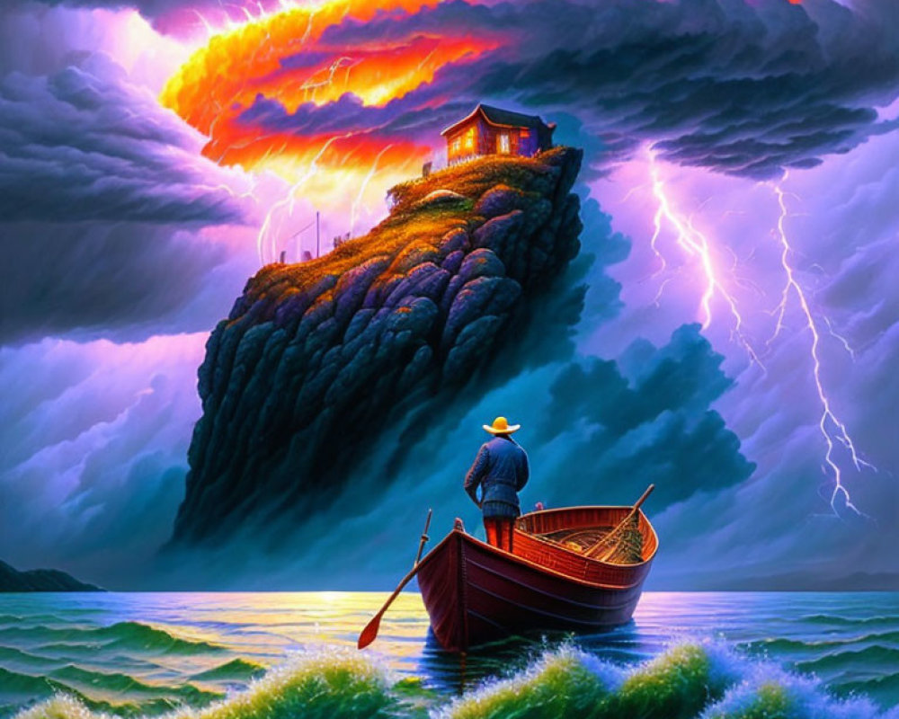 Person in boat on turbulent sea under fiery sky with lone house and lightning strike.