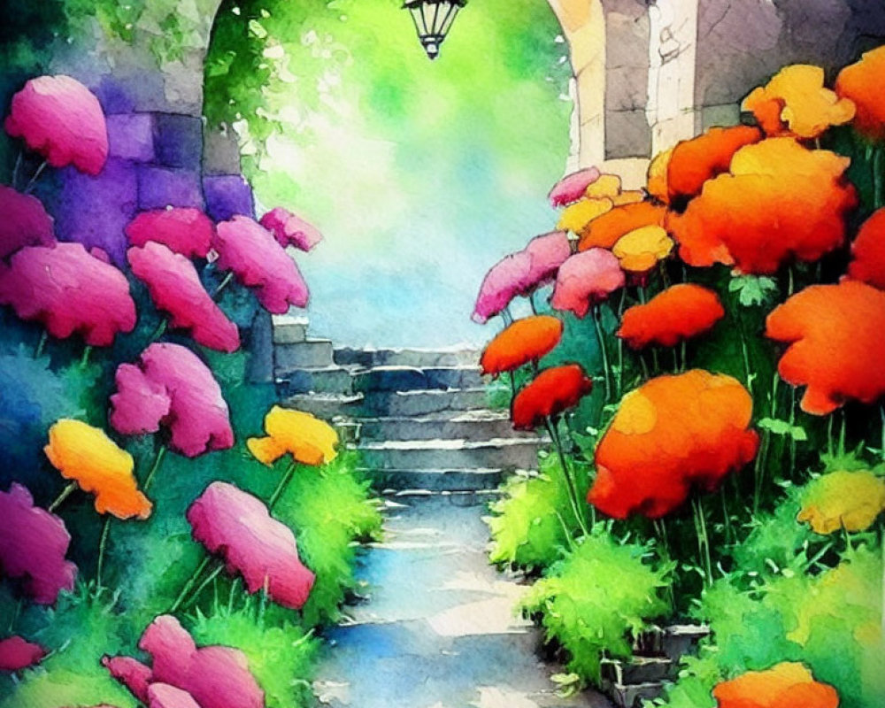 Colorful Watercolor Painting of Garden Path with Flowers and Stone Archway