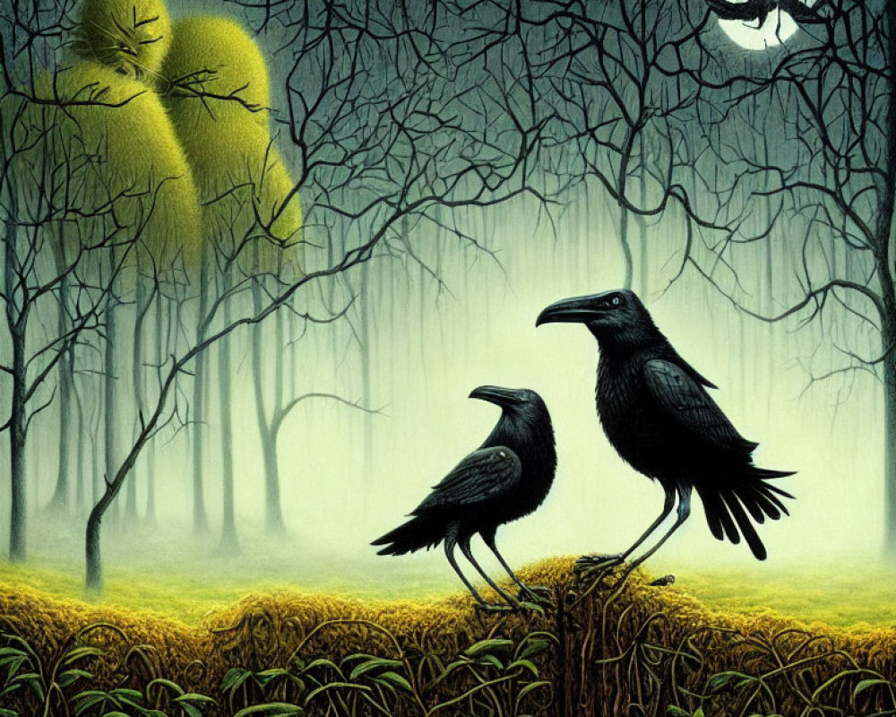 Surreal artwork of ravens, moon, and luminous figure in misty forest