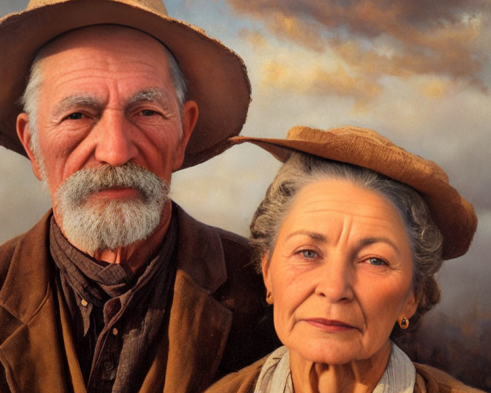 Elderly couple in vintage attire and hats under cloudy skies