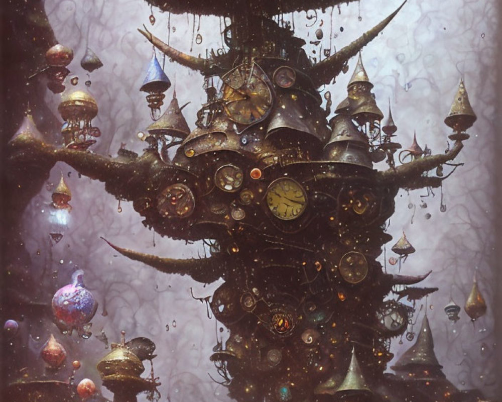 Steampunk-themed artwork featuring mechanical tree, clocks, lanterns, and starlit sky