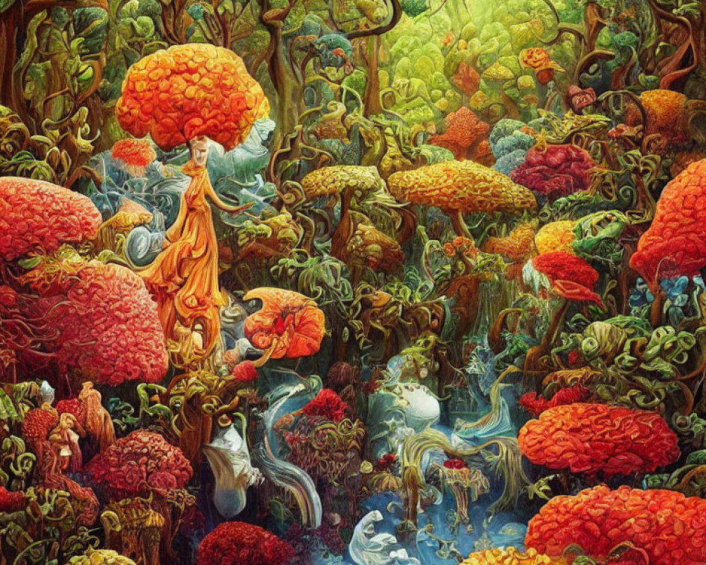 Colorful forest with mushroom trees and fantastical creatures in an orange cloak.