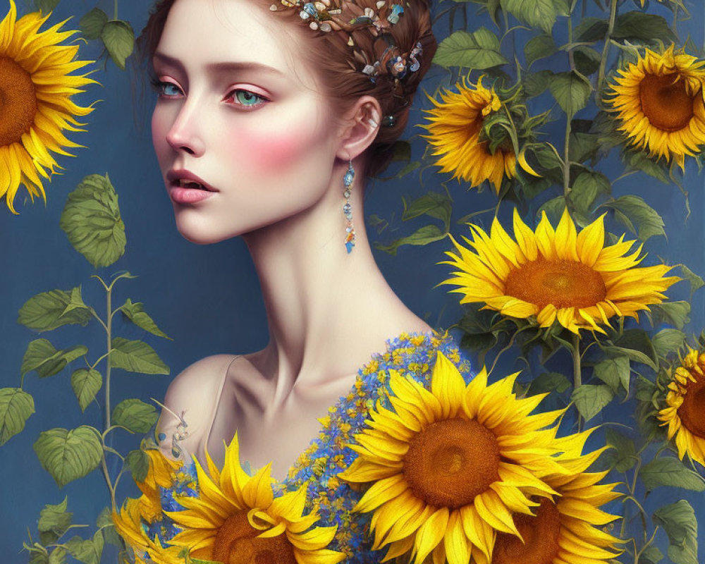 Fair-skinned woman with floral hairpiece in fantasy art surrounded by sunflowers