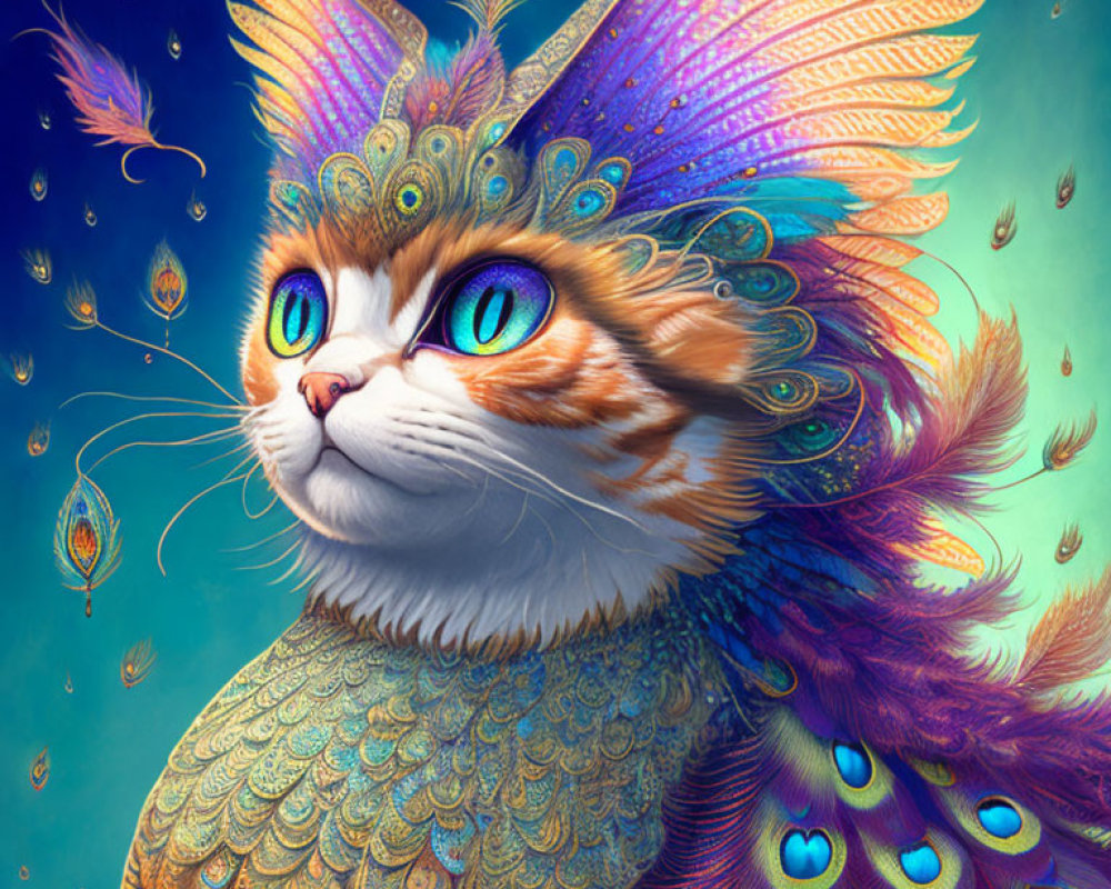 Colorful Cat Illustration with Peacock Feather Ears on Blue Background