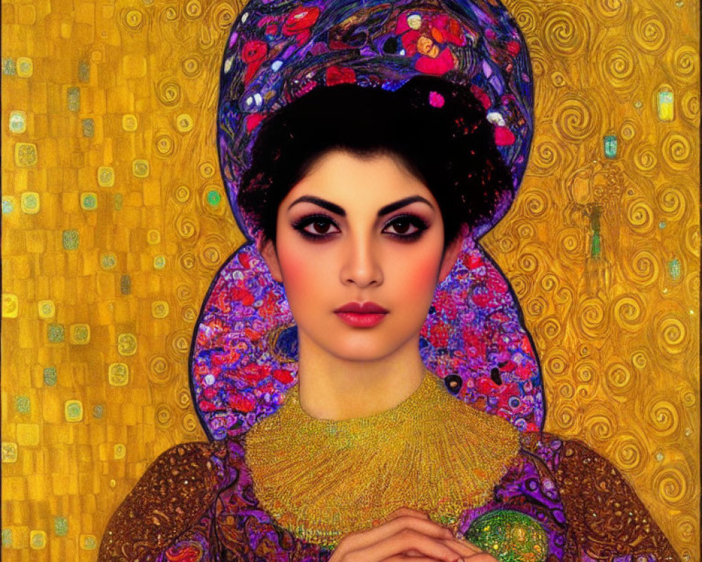 Colorful mosaic outfit and dramatic makeup on a woman in a Gustav Klimt-inspired setting