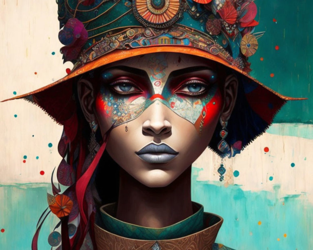 Detailed digital artwork: Woman with ornate headgear, vibrant face paint, intense gaze