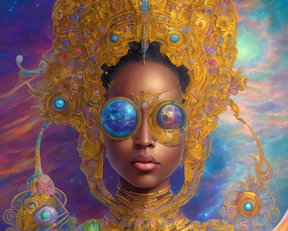 Woman with Cosmic-Themed Glasses and Golden Headpiece on Starry Background