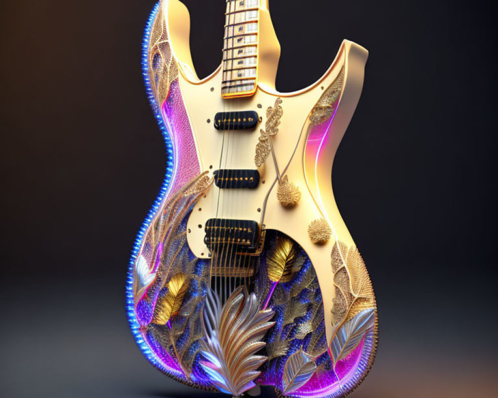 Intricate Golden and Iridescent Pattern Electric Guitar on Dark Background