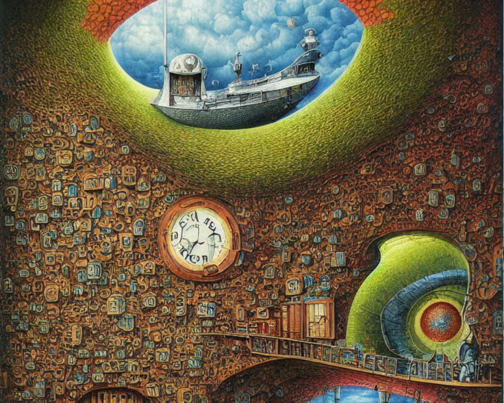 Surrealist painting of fantastical structure with ship on dystopian backdrop