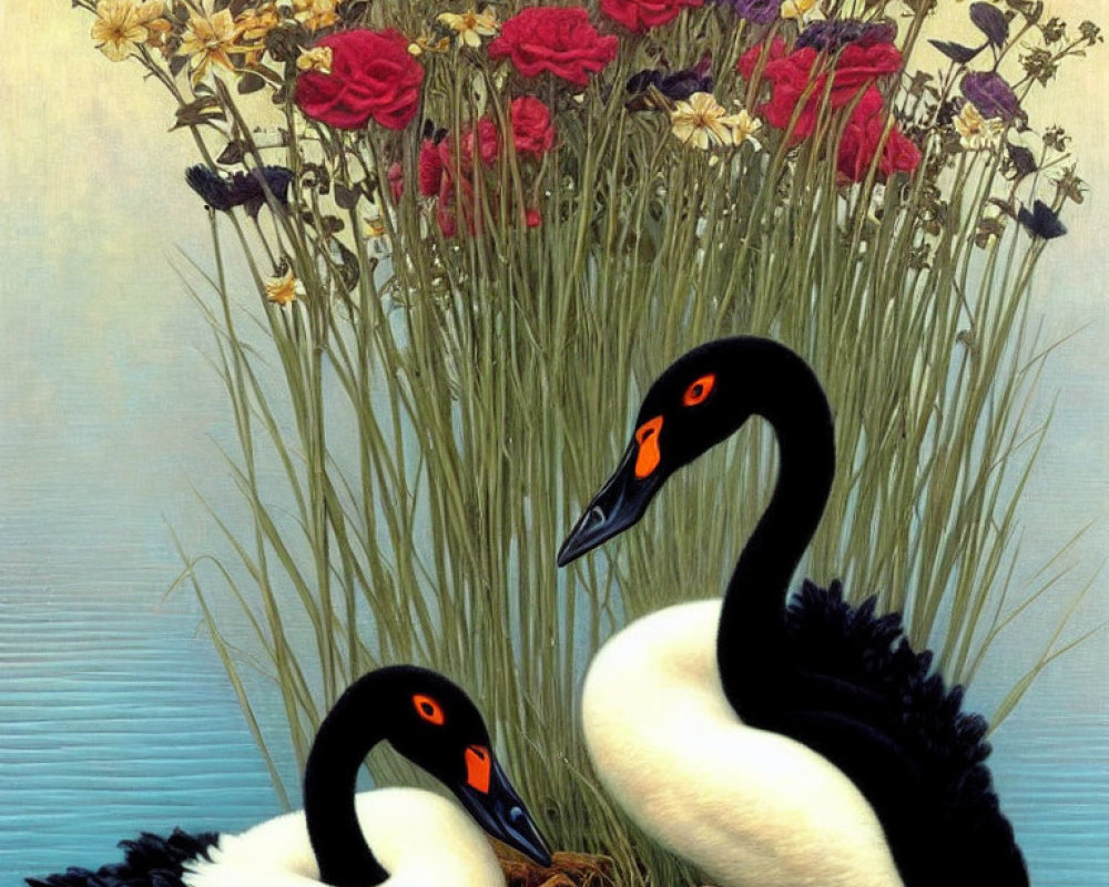 Black swans with red beaks in heart shape amidst colorful flowers and reeds