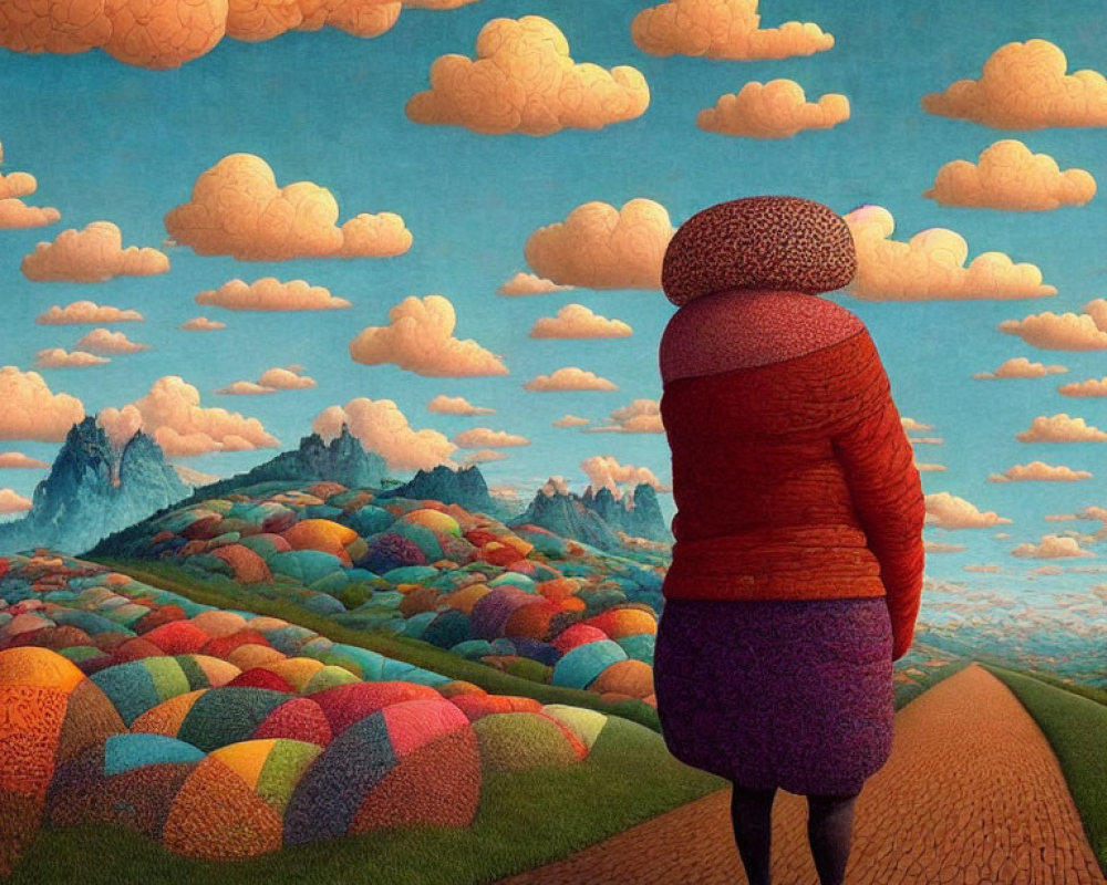 Surreal painting: Figure with layered headscarf in quilt-like landscape