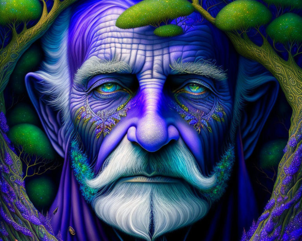 Elderly man's face in mystical forest scene